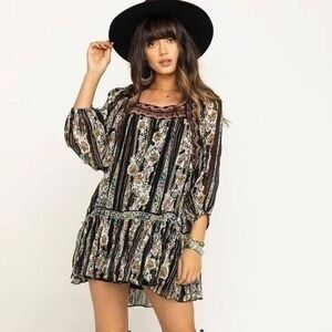 Free People Dance Magic Boho Black Sheer Embroidered floral Tunic Dress Small